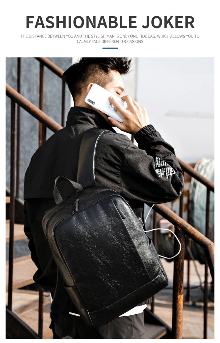 Men Fashionable Backpack PU Leather Satchel Briefcase Office Casual Travel Laptop Office Business Sports Shoulder Backpack
