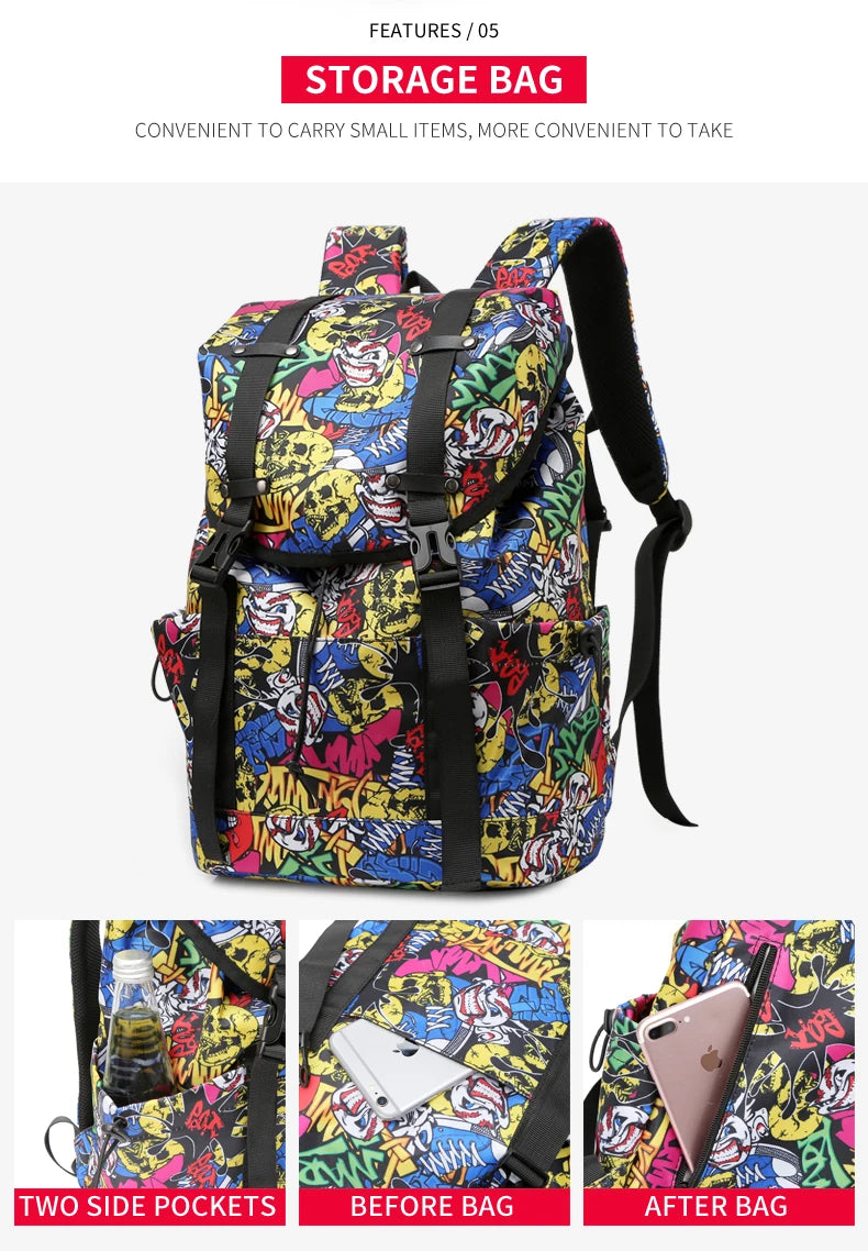 Water-Resistant Black Drawstring Backpack -Graffiti Print Large Capacity Backpack, Casual And Versatile Multi-layer Schoolbag