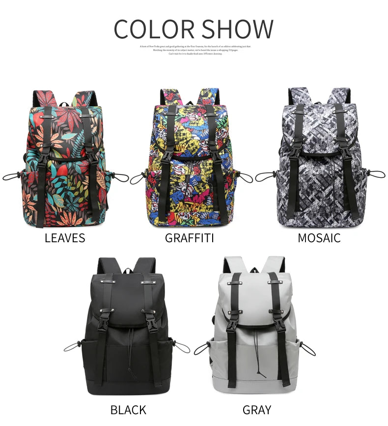 Water-Resistant Black Drawstring Backpack -Graffiti Print Large Capacity Backpack, Casual And Versatile Multi-layer Schoolbag