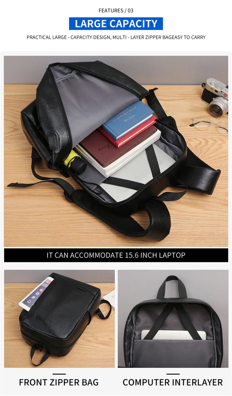 Men Fashionable Backpack PU Leather Satchel Briefcase Office Casual Travel Laptop Office Business Sports Shoulder Backpack