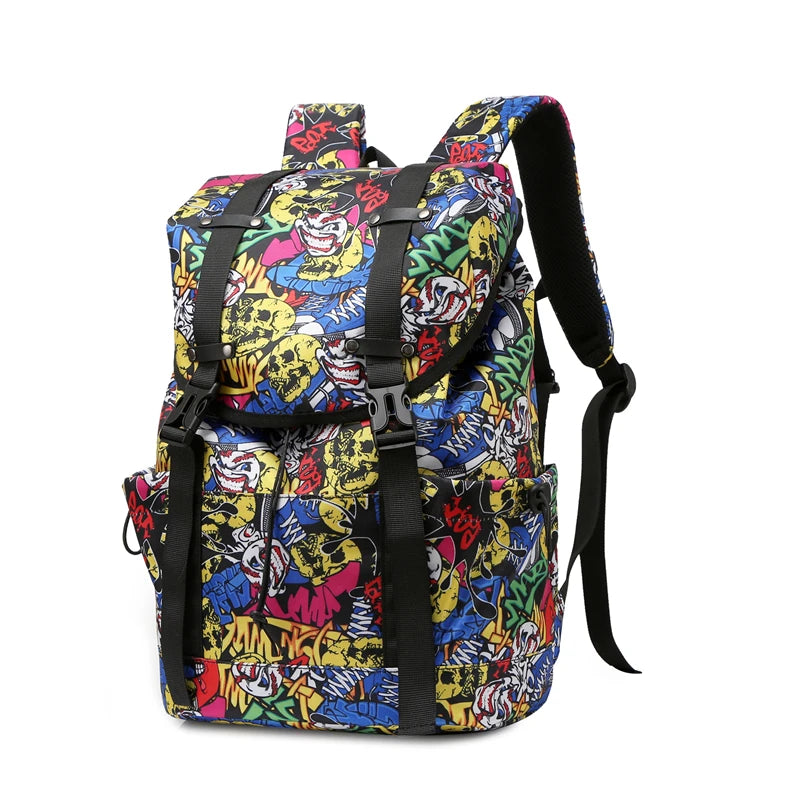 Water-Resistant Black Drawstring Backpack -Graffiti Print Large Capacity Backpack, Casual And Versatile Multi-layer Schoolbag