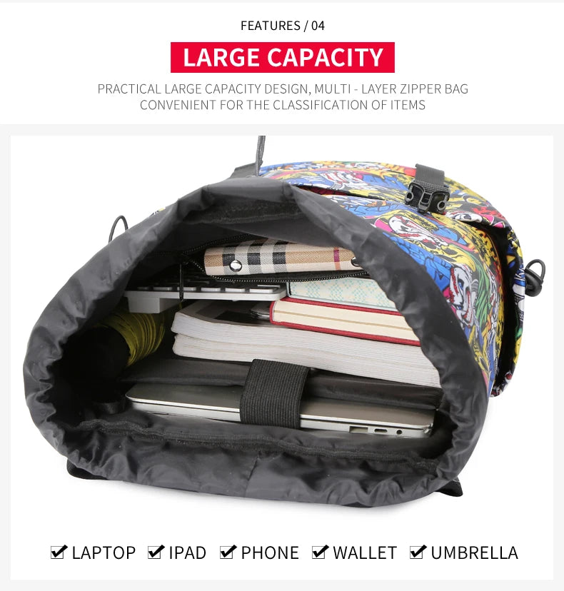 Water-Resistant Black Drawstring Backpack -Graffiti Print Large Capacity Backpack, Casual And Versatile Multi-layer Schoolbag