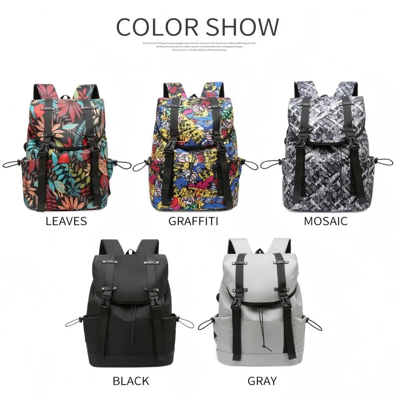 Water-Resistant Black Drawstring Backpack -Graffiti Print Large Capacity Backpack, Casual And Versatile Multi-layer Schoolbag