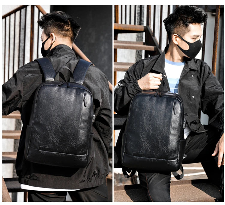 Men Fashionable Backpack PU Leather Satchel Briefcase Office Casual Travel Laptop Office Business Sports Shoulder Backpack