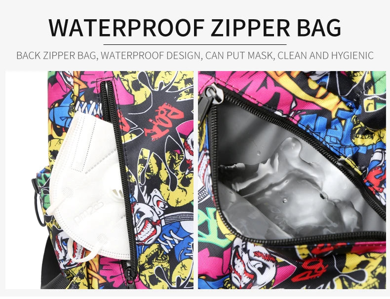 Water-Resistant Black Drawstring Backpack -Graffiti Print Large Capacity Backpack, Casual And Versatile Multi-layer Schoolbag