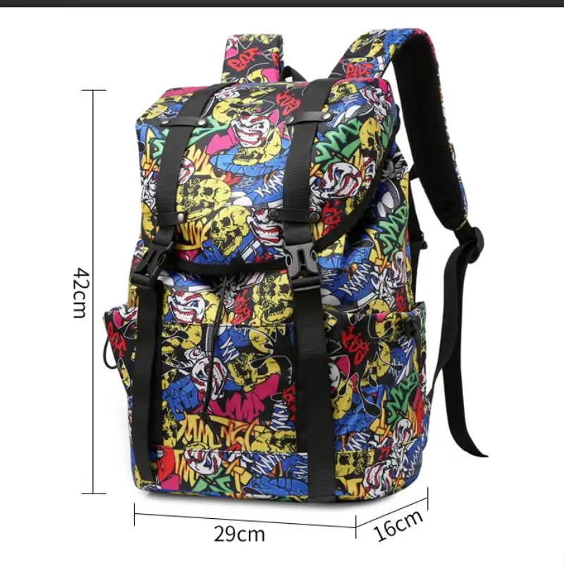 Water-Resistant Black Drawstring Backpack -Graffiti Print Large Capacity Backpack, Casual And Versatile Multi-layer Schoolbag