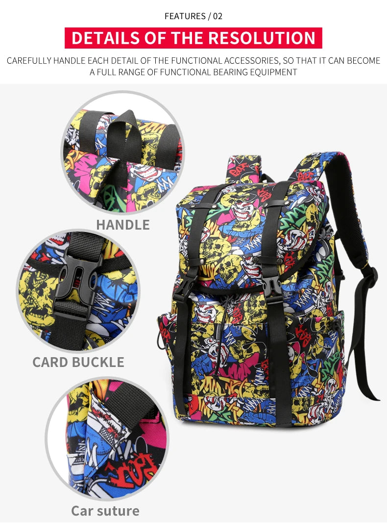 Water-Resistant Black Drawstring Backpack -Graffiti Print Large Capacity Backpack, Casual And Versatile Multi-layer Schoolbag