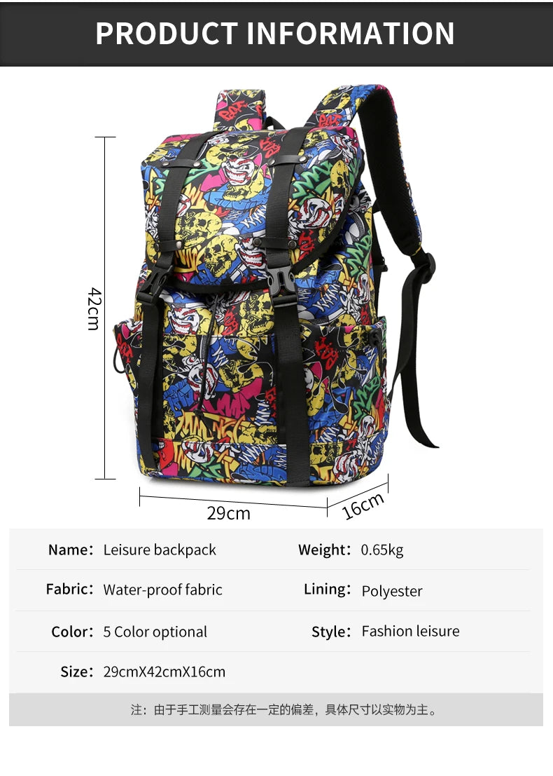 Water-Resistant Black Drawstring Backpack -Graffiti Print Large Capacity Backpack, Casual And Versatile Multi-layer Schoolbag